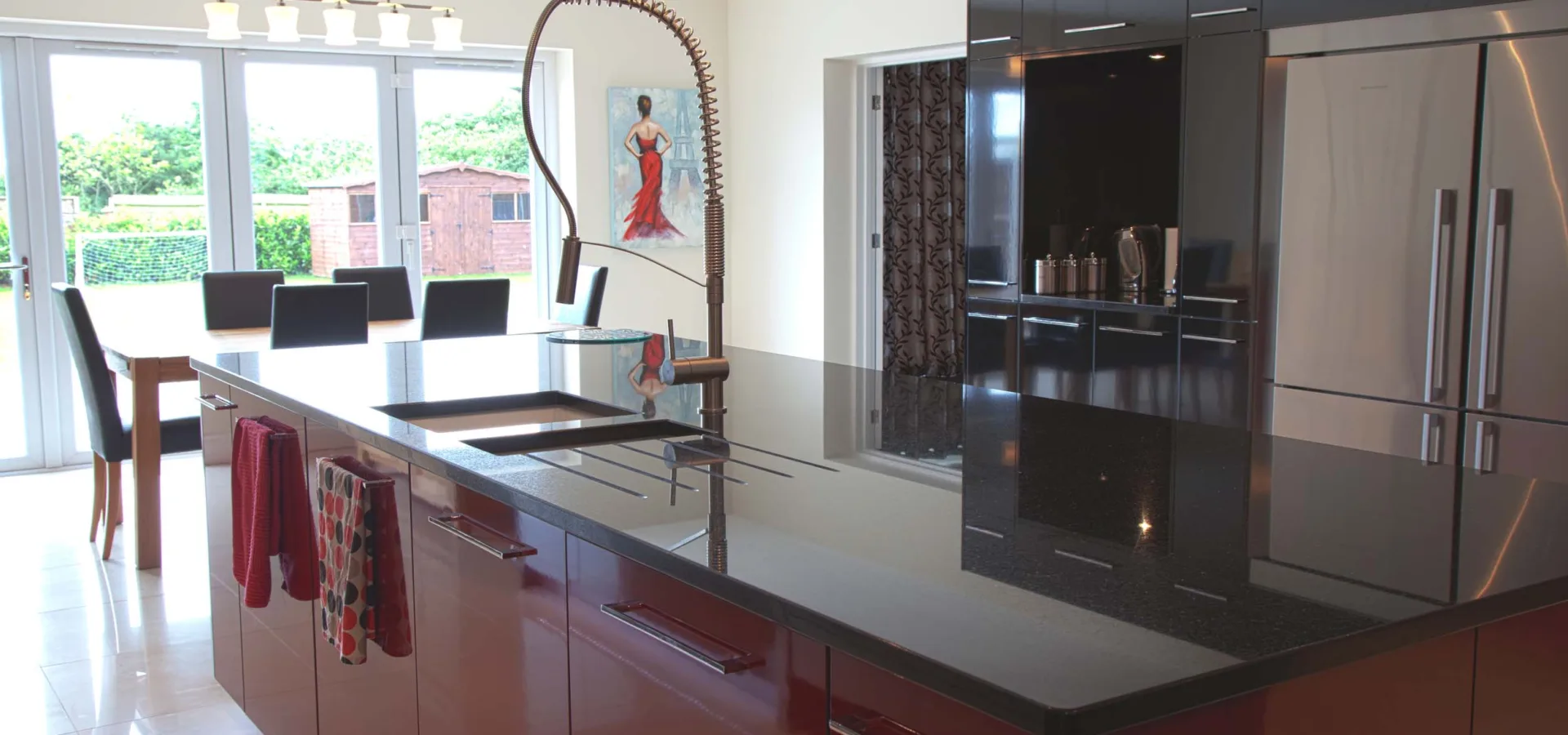 Modern Wine-Red Kitchen with Island — Leigh-on-Sea, Essex